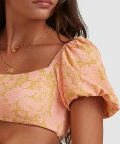 BILLABONG Summer Sun Puffed Sleeve Bikini Top CORAL -Womens Swim BILLABONG abjx300397 billabongw crl dtl1