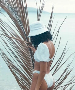 BILLABONG Wave Check Puff Sleeve Bikini Top WHITE