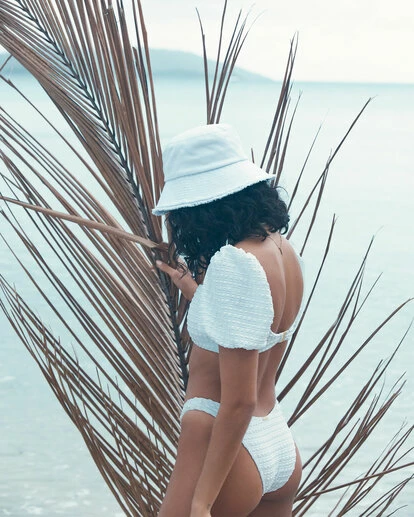 BILLABONG Wave Check Puff Sleeve Bikini Top WHITE 1 BILLABONG Wave Check Puff Sleeve Bikini Top WHITE