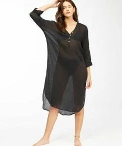 BILLABONG Summer Breeze Beach Cover-Up Midi Dress BLACK PEBBLE